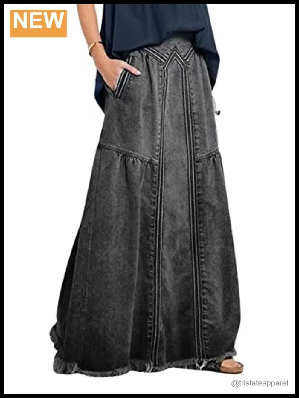 Retro Elastic High Waist Frayed A-Line Maxi Denim Skirt with Pockets